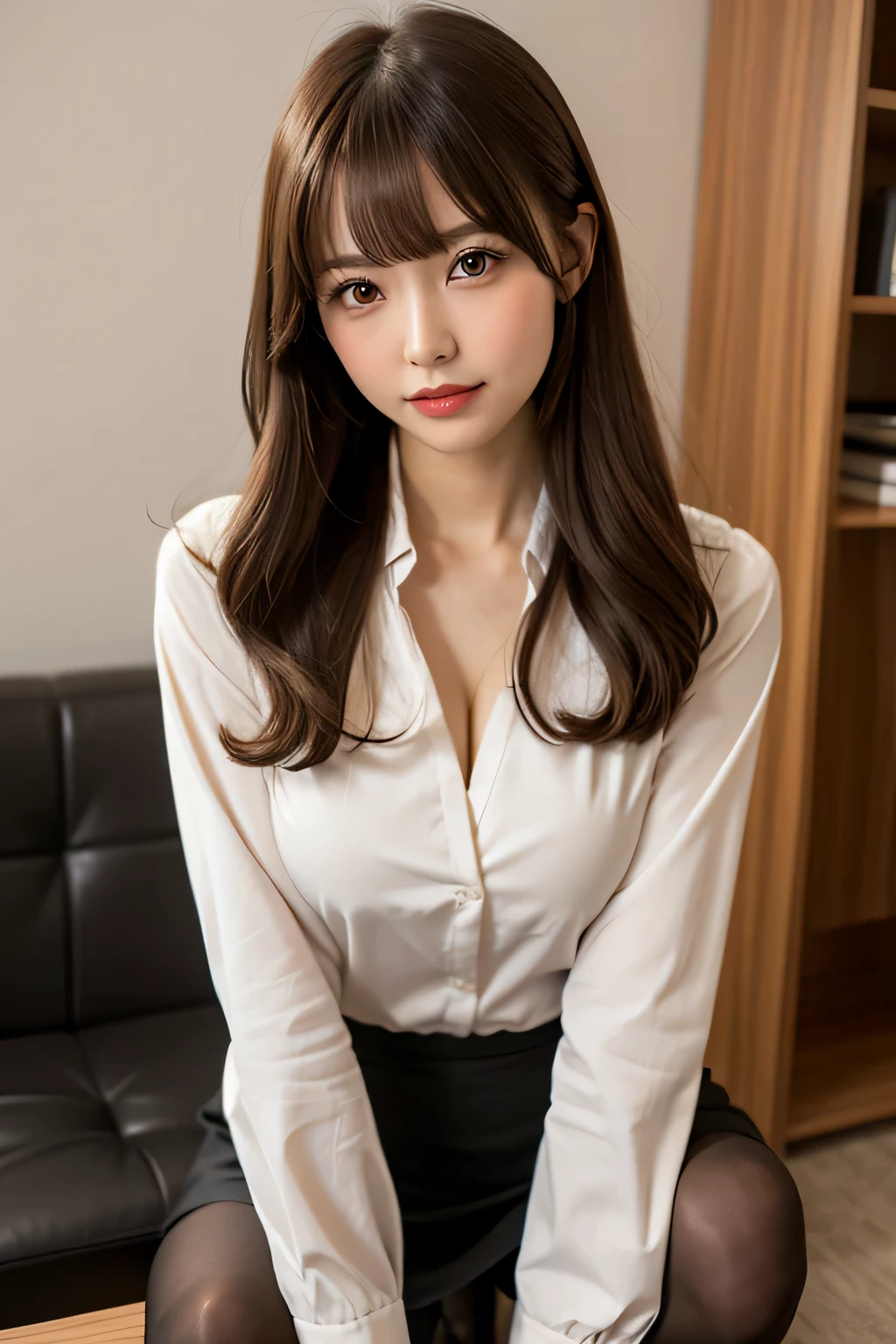 1girl in, Solo, pantyhose, Brown hair, Squatting, Brown eyes, Skirt, Looking at Viewer, pencil Skirt, Office Lady, Jacket, Indoors, Long hair, Shirt, Bangs, black Jacket, blush, white Shirt, black Skirt, hair between eye, Long sleeves, hands on own face, Parted lips, tiny chest, brown pantyhose, Suit, Large breasts, cleavage, Formal, Smile, black pantyhose, Open mouth, hands on own cheeks, Beautiful Girl,8K, 超A high resolution,Raw photo,(masutepiece:1.2), (Best Quality:1.2),Realistic, photoRealistic,Sharp Focus,Professional