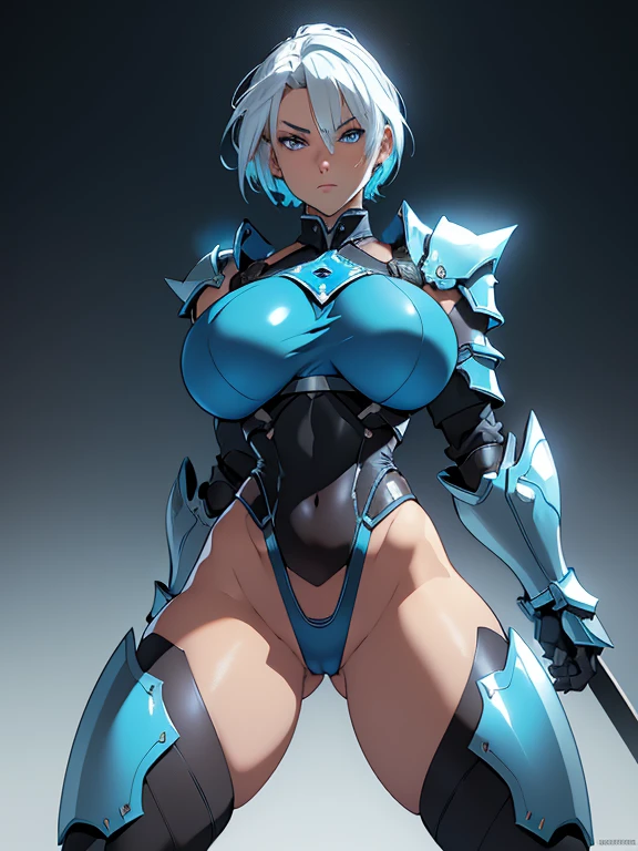 neon blue, fantasy ninja warrior, hot woman, short white hair, revealing metallic heavy armor, large hips, very large breasts, thick thighs, very thin waist , plumb ass, extremely detailed young face and eyes, absurdes, 4k, dynamic pose, dynamic shadows, beautiful lighting