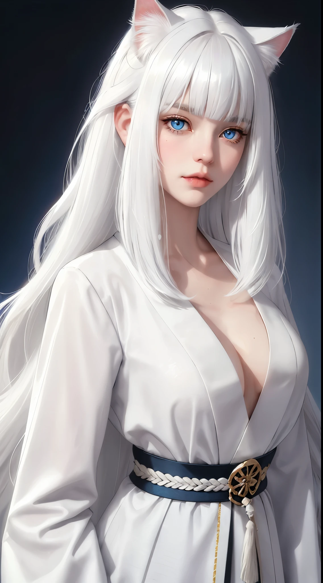 Light white hair, blunt bangs, asymmetrical hair, hair behind ear, long hair, wavy hair, blue eyes, cat pupils, eyebrows behind hair, cat ears, serious, facial hair, close-up, UHD, anatomically correct, textured skin, high details, 1080P, traditional japanese clothes