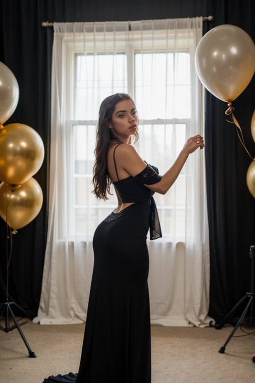 ((best quality)), ((masterpiece)), (detailed), perfect face realistic photo of beautiful woman with long dark brown hair, Russian, influencer, light freckles, dark brown eyes, big lips, no makeup, instagram, a woman standing in front of a bunch of balloons, inspired by Rowena Meeks Abdy, trending on cg society, baroque, black pearls and golden gems, all black matte product, wearing long gown, award-winning style, backdrop, black tie, flat lay, big arches in the back