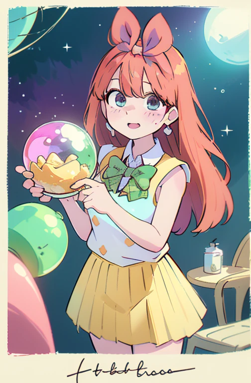 Cute as a dream、a pale, (masterpiece、top-quality、top-quality、watercolor paiting(Curly)、Take a cute cat、Official art、Beautifully Aesthetic:1.2)、(a beauty girl:1.atterns、Soap bubbles, rainbow behind、clouds、colourfull、Hair spreads throughout、kawaii、pastels、Large ribbon、Lovely room、summer, blue sky, white clouds, HD Detail, Ultra Detail, Movie, Hyper Realism, Soft Light, Deep Focus Bokeh, Ray Tracing, --niji 5. crystal, fantasy, galaxy, transparent, shimmering, sparkling, splendid, colorful, magical photography, dramatic lighting, Heart, iridescent, cute, crystal, love, blushing, sweet expression, blue sky, iridescent clouds, pastels, dark starry sky, (1 girl), (solo), Wallpapers, poster HD, Soft Light, Deep Focus Bokeh, Ray Tracing, --niji 5 Summer, Sketch, Iris: 1.2), simple, sfw, pretty teenage girl with shoulder length hair, a cute face, laughing, aayotsuba, Nakano Yotsuba from The Quintessential Quintuplets, real life Yotsuba Nakano, masterpiece, 4k, ultradetailed, cowboy shot, nakano yotsuba, shoulder length staight hair, sparkling eyes, hair bow ribbon, green bowtie, sleeveless sweater, collared white shirt, pleated skirt, school uniform, laughing happily, neat lineart, cute, tender, lovely, cozy, sweet