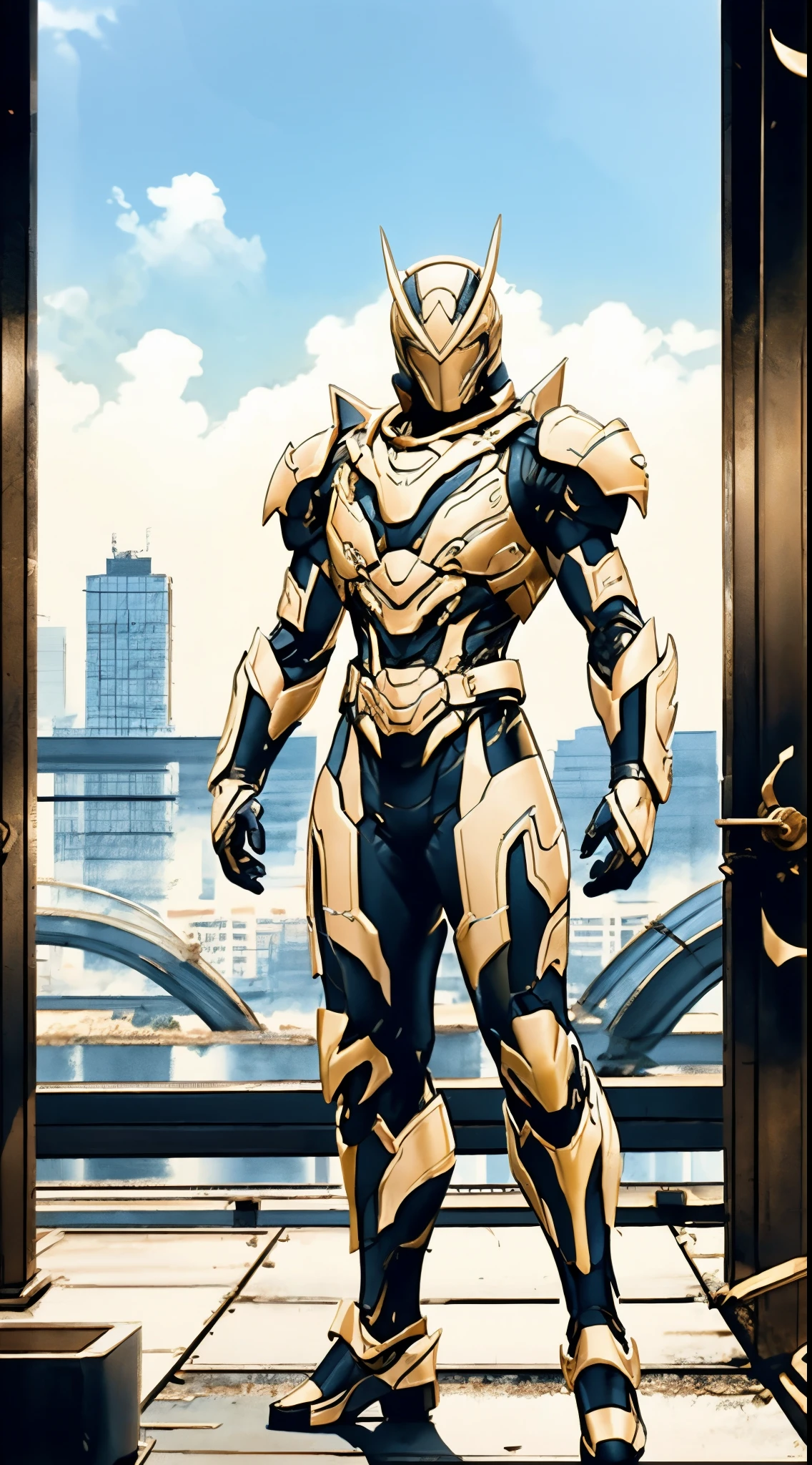 A super a high-tech biotech battle suit, standing on a rooftop, looking over the city, Japanese tokusatsu and American comic style, biometallic texture of the suit, sleek and shiny, dynamic, fast, natural light, cinematic, high quality, high resolution, high detail, sophisticated design, dramatic, high definition, ultra-detailed, ultra-fine painting, extremely delicate, creativity, Natural light, cinematic lighting, best shadow, masterpiece-anatomy-perfect