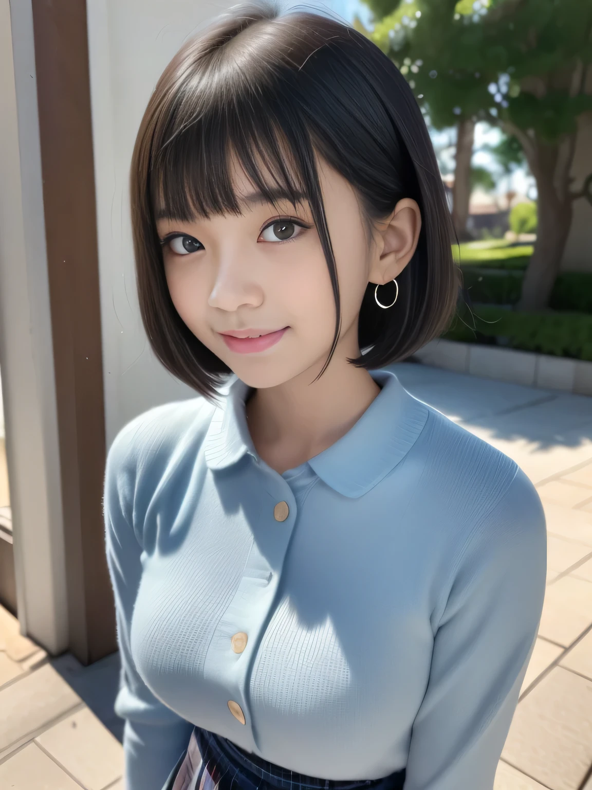 (surrealism, Raw photo, NIKON, 8K, Super Detail, masutepiece, high details, Intricate details, Super Detailed, Realistic lighting),
(Anatomically correct, High-precision human body, Highly detailed face, Realistic skin, realistic depiction of characters),
(16 years old, Japanese younger sister, Japanese high school girl, slim waist and busty body, Baby face, Sister Girl, Affectionate and cute, Cute Girl, Surreal Girl),
(Round face, Black hair, Short bob cut, see-through bangs, Lowered eyebrows毛, Troubled eyebrows, Lowered eyebrows, Moist eyes, 1 small earring, Light blush),
(Elegant smile),
(Colorful long-sleeved shirt, plaid maxi long skirt),
Natural lighting, full length, Whole body