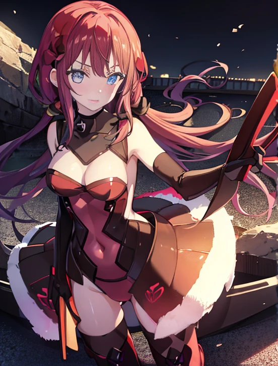 masutepiece, Best Quality,Squat ,Crab crotch,Leotard,highleg, Elegant, 1girl in, thigh high boots, well-muscled,Cute, blushed, Looking at Viewer, From above,, Mini skirt, White and black striped T-shirt, Blue eyes, Beautiful eyes, Beautiful background, light Particle, Sun rays, Dramatic Lighting, Outside, shiny, Realistic, masutepiece, Best Quality, Ultra-detailed, Detailed, Scenery, Beautiful detailed eyes, detailed hairs