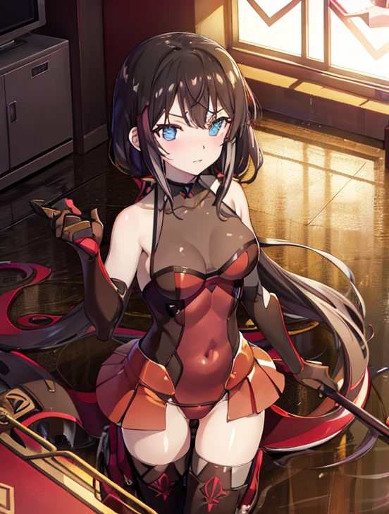 masutepiece, Best Quality,Squat ,Crab crotch,Leotard,highleg, Elegant, 1girl in, thigh high boots, well-muscled,Cute, blushed, Looking at Viewer, From above,, Mini skirt, White and black striped T-shirt, Blue eyes, Beautiful eyes, Beautiful background, light Particle, Sun rays, Dramatic Lighting, Outside, shiny, Realistic, masutepiece, Best Quality, Ultra-detailed, Detailed, Scenery, Beautiful detailed eyes, detailed hairs