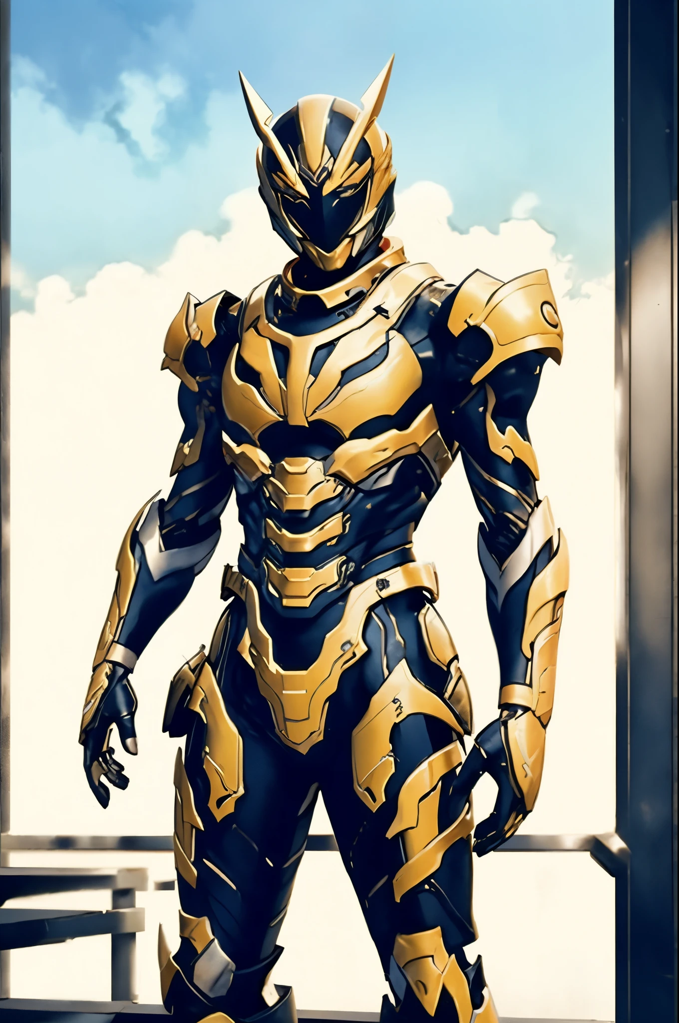 A super a high-tech biotech battle suit, standing on a rooftop, looking over the city, Japanese tokusatsu and American comic style, biometallic texture of the suit, sleek and shiny, dynamic, fast, natural light, cinematic, high quality, high resolution, high detail, sophisticated design, dramatic, high definition, ultra-detailed, ultra-fine painting, extremely delicate, creativity, Natural light, cinematic lighting, best shadow, masterpiece-anatomy-perfect