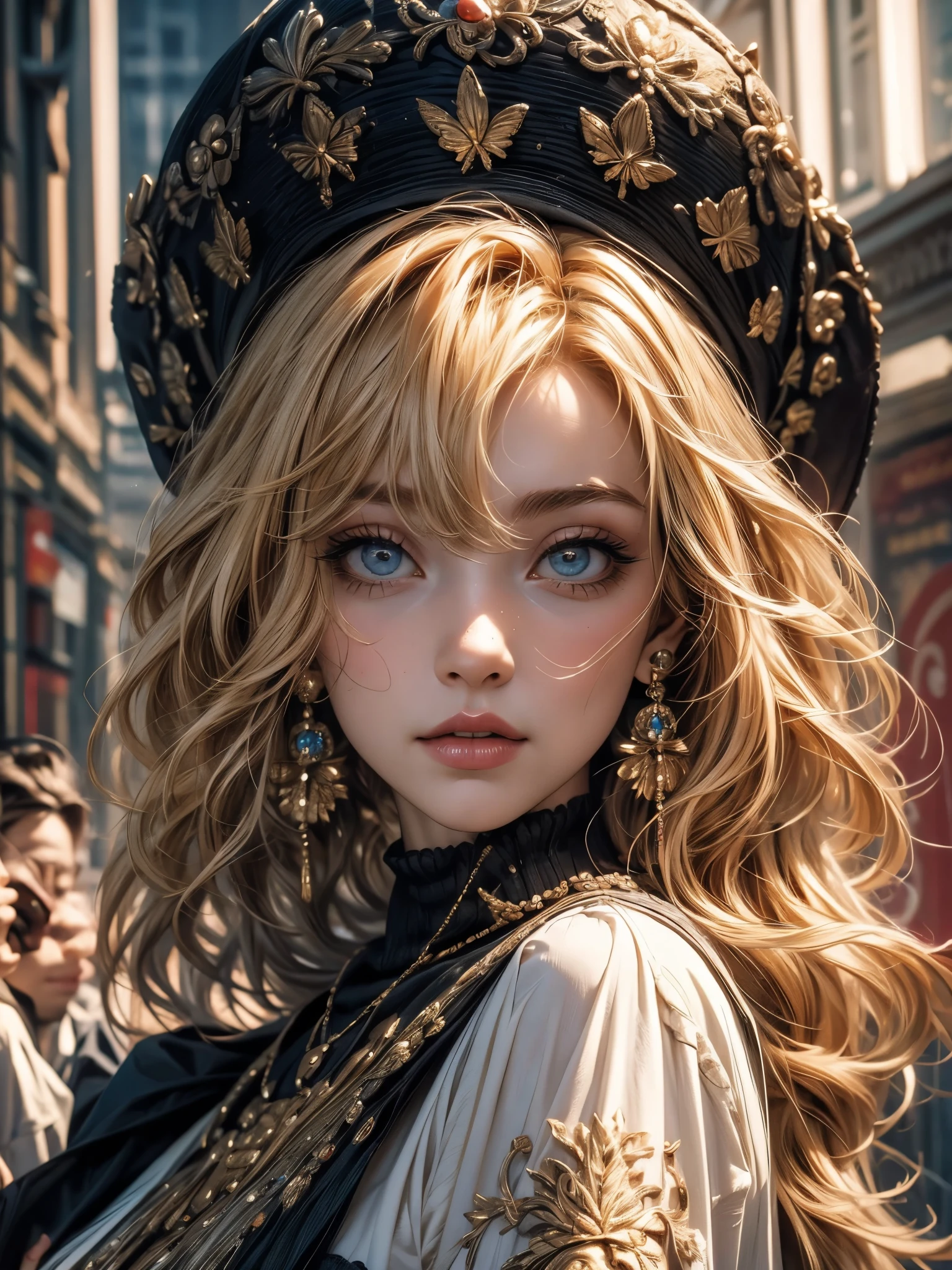 ((master part)), ((best quality)), ((Altas)), ((Antecedentes detalhados)), ((extremamente detalhado CG unidade 8k papel de parede)), sozinho, Shiona, blonde hair, cabelos longos, olhos azuis, tufo de cabelo, cowboy shot, ao ar livre, ((roupa de empregada))