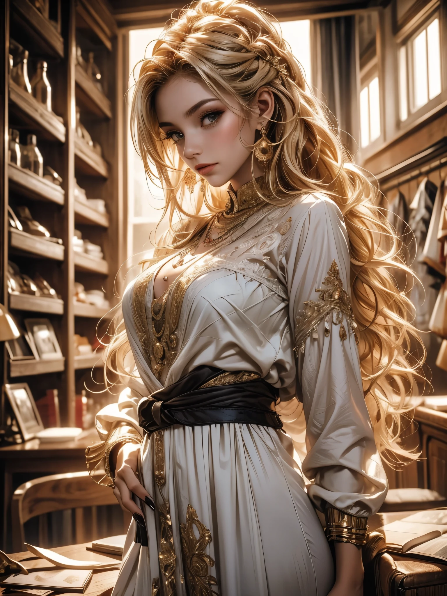 ((master part)), ((best quality)), ((Altas)), ((Antecedentes detalhados)), ((extremamente detalhado CG unidade 8k papel de parede)), sozinho, Shiona, blonde hair, cabelos longos, olhos azuis, tufo de cabelo, cowboy shot, ao ar livre, ((roupa de empregada))
