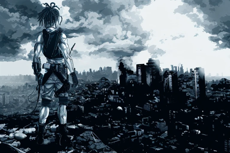 cena de anime de um homem parado com dreadlock em uma rocha com vista para uma cidade, desolado. digital illustation, Olhando para a cidade, background is a city in ruins, em uma paisagem urbana arruinada, destroyed city in the background, he is traversing a shadowy city, post apocalyptic view, apocalyptic city backround, overlooking a desolado wasteland, apocalyptic city, pairando sobre uma cidade