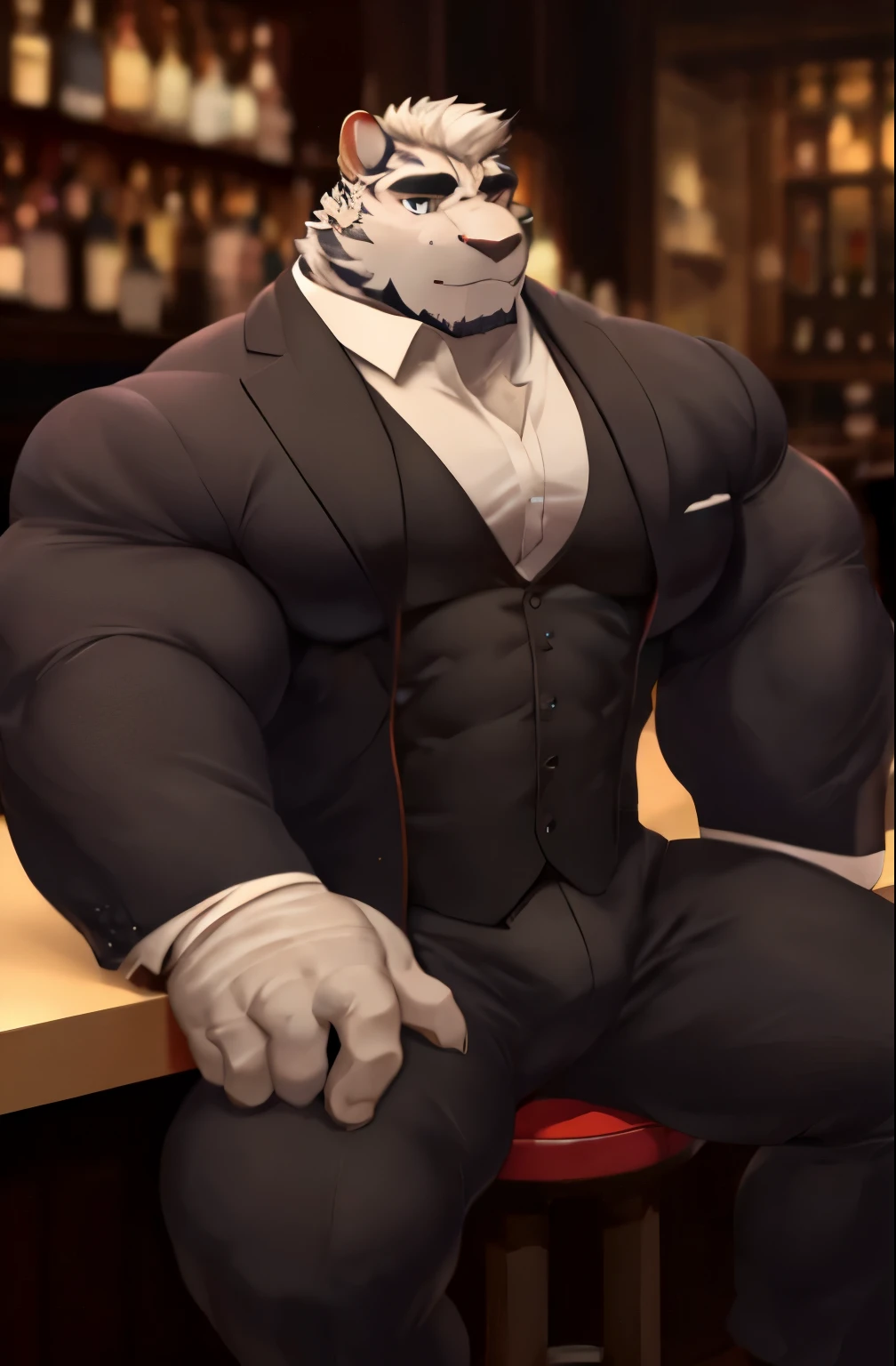 Anthony Sinon , solo, black elegant suit, bara, huge, bar background, big pectoralis, holding pecs, big ass, sitting on a seat, 5 fingers, normal eyelines,