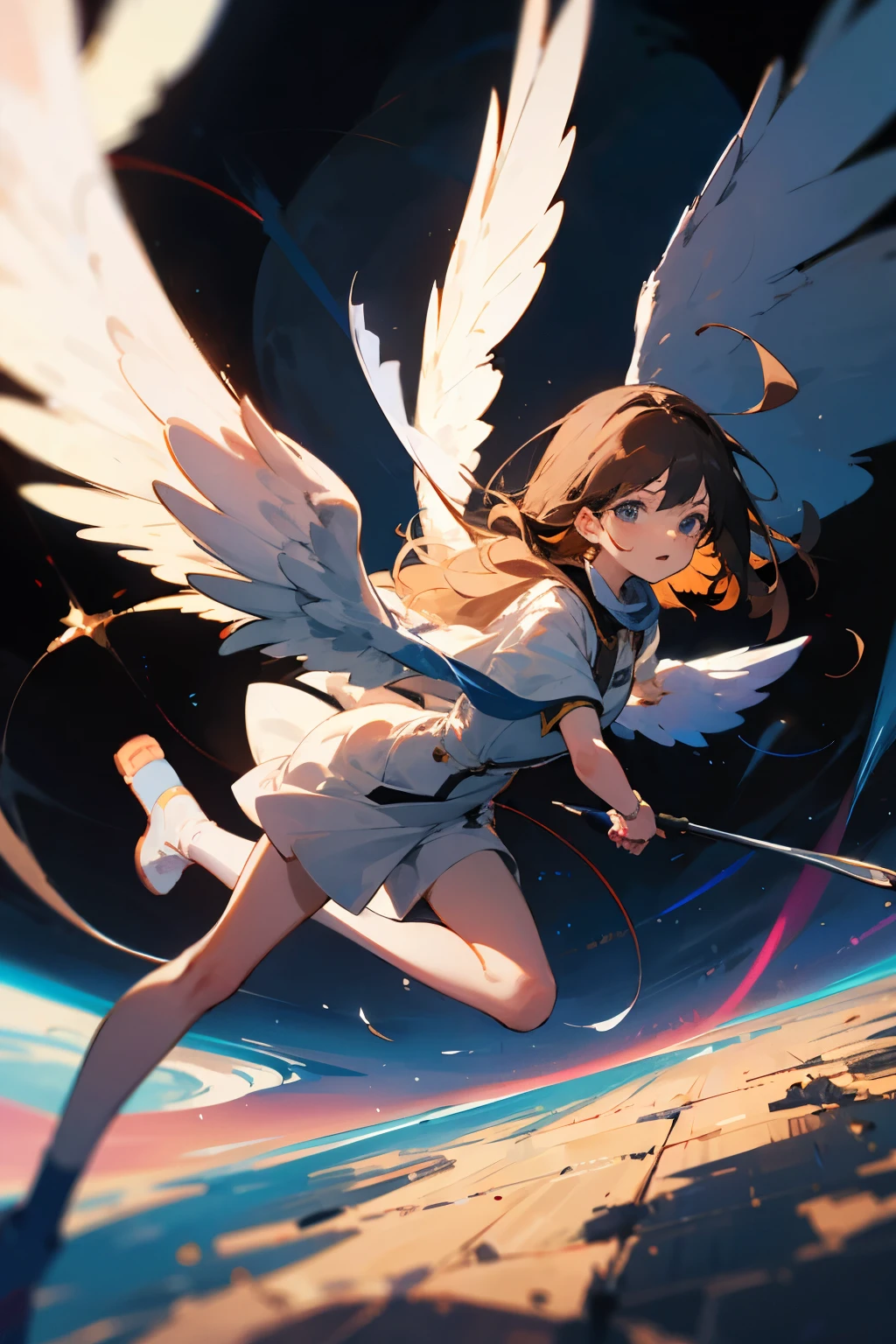 Angel flying in front of a black hole