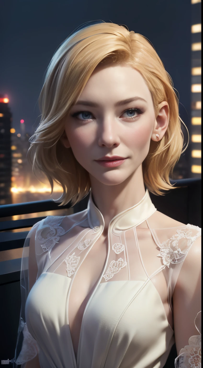 photo of Cate Blanchett, RAW, beautiful woman, ((portrait)), ((detailed face:1.2)), ((detailed facial feature, detailed skin, clear skin), (perfect proportioned body), (wearing a colorful dress) (high detailed city environment, apartment balcony), (realistic photo, best quality, detailed), (8k wallpaper), (cinematic lighting, dramatic lighting) (sharp focus, intricate)