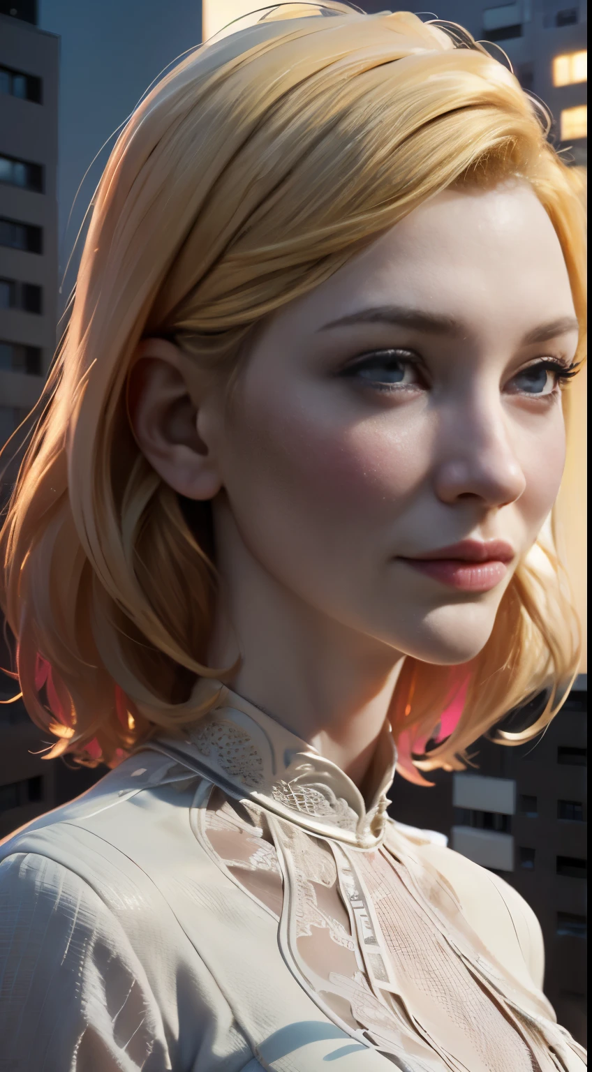 photo of Cate Blanchett, RAW, beautiful woman, ((portrait)), ((detailed face:1.2)), ((detailed facial feature, detailed skin, clear skin), (perfect proportioned body), (wearing a colorful dress) (high detailed city environment, apartment balcony), (realistic photo, best quality, detailed), (8k wallpaper), (cinematic lighting, dramatic lighting) (sharp focus, intricate)