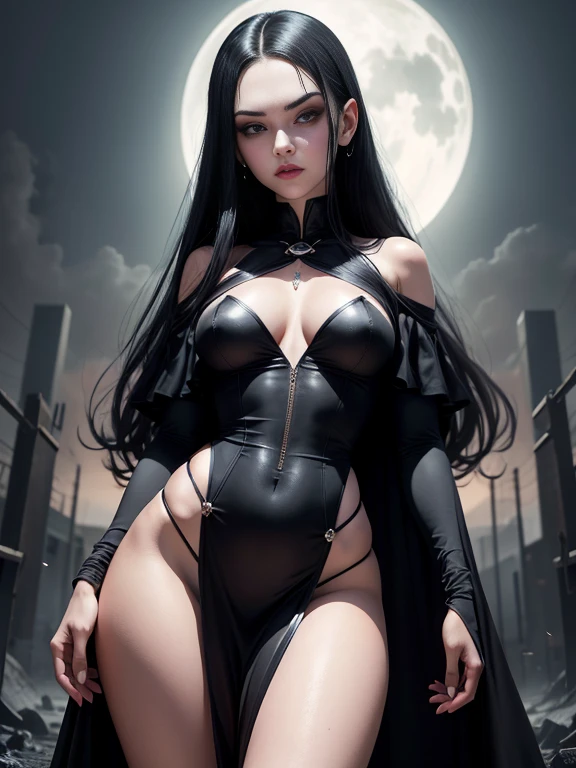 Uma vampira bonita, corpo torneado, rosto detalhado, cabelo preto, olhos vermelhos, usando vestido comprido, posando durante a noite, Lua cheia, gloomy setting (imagem ultra HD)