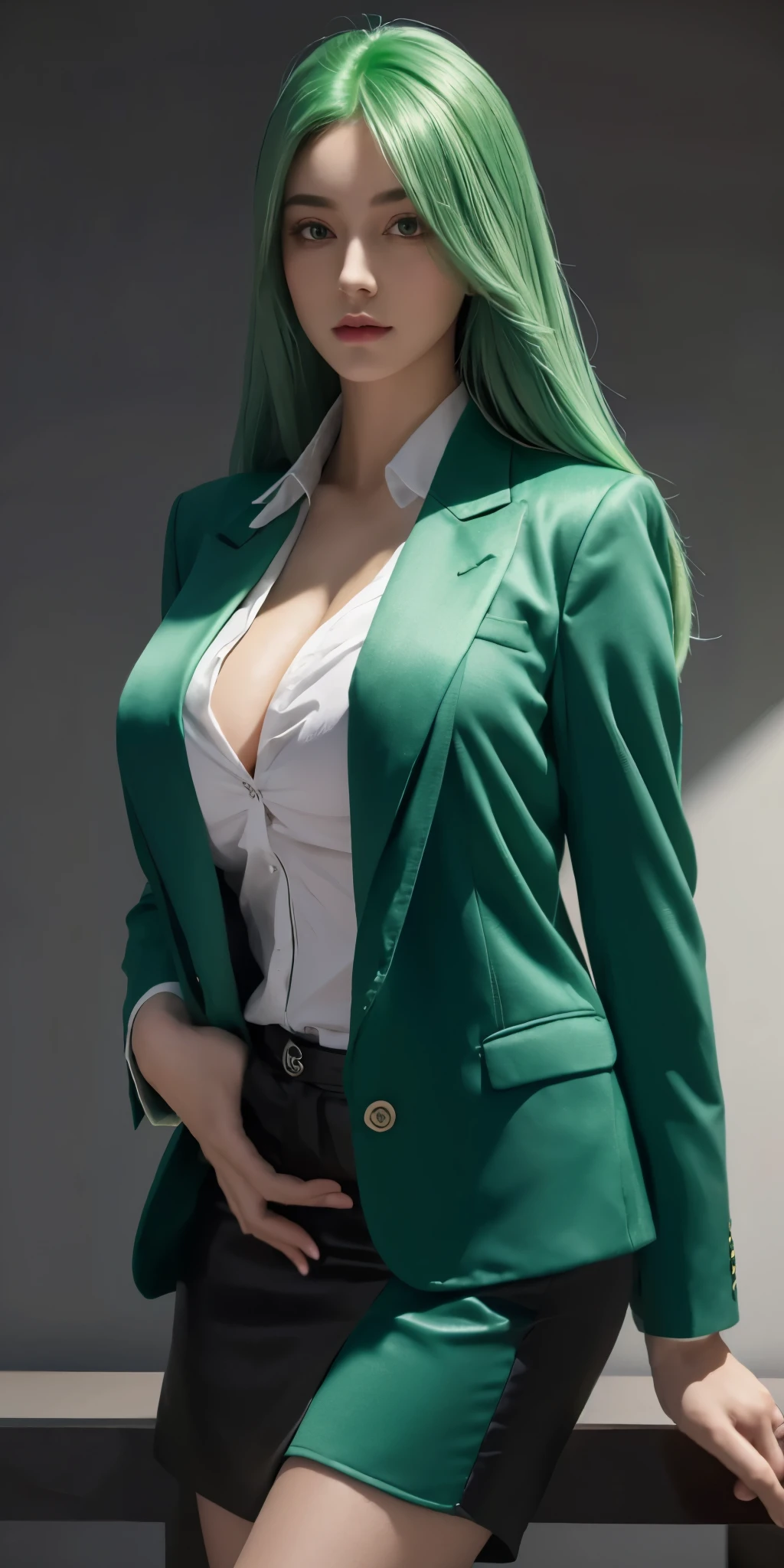 1girl,huge breast, green hair,long hair, blazer clothes, high quality, ultra detailed, masterpiece, realistic