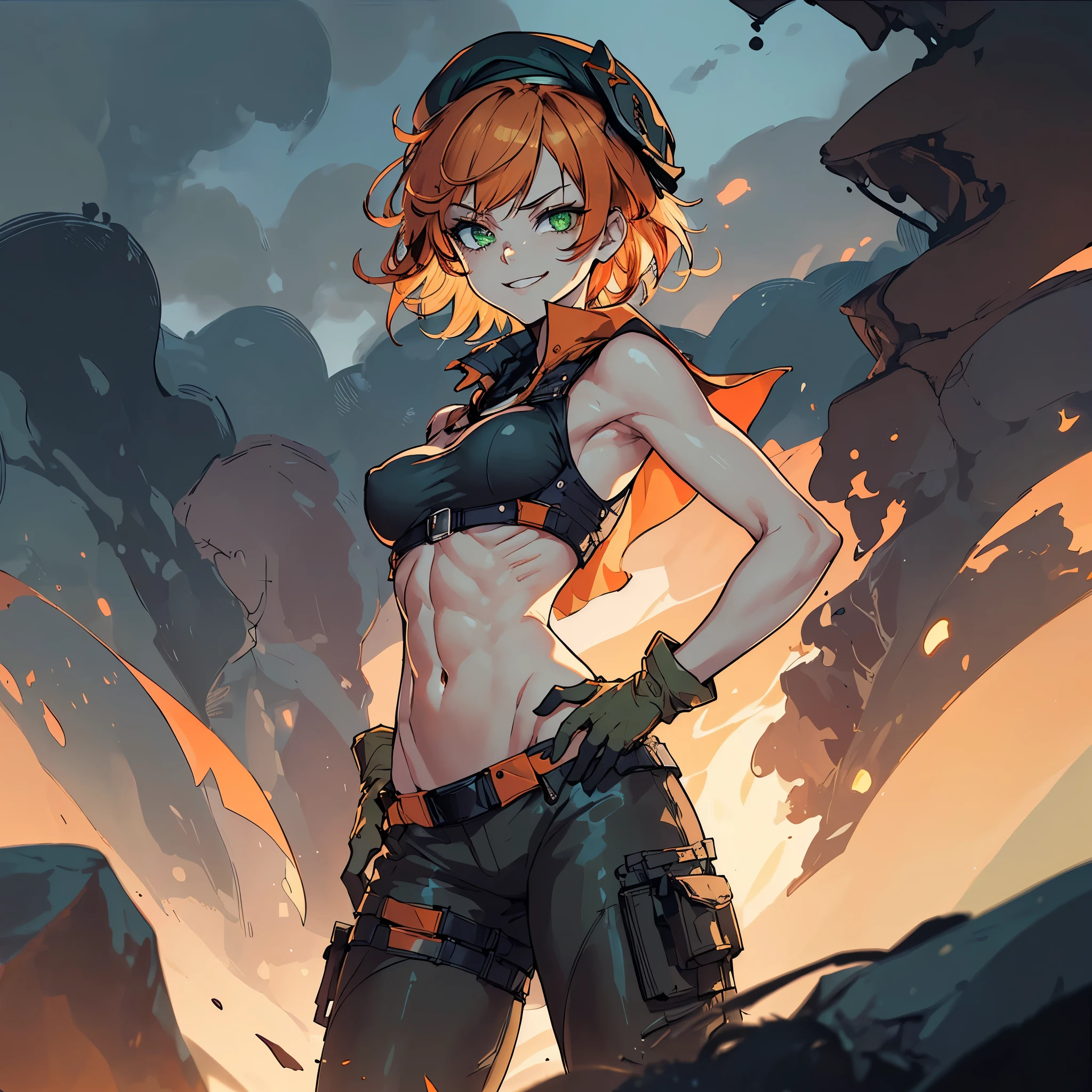 (masterpiece, best quality), (1girl, solo), ((wearing epTactical, medium breasts, short hair, orange hair, green eyes, messy hair, beret, gloves, evil smile, sharp eyeslash)), night, moutains, jungle, sky, clouds, standing, looking at viewers, natural volumetric lighting and best shadows,  toned midriff, abs:0.3, bare arms, bare shoulders, bicep, hands on hips, standing in fire, focus