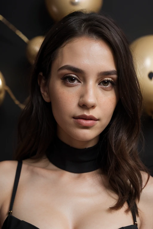 ((best quality)), ((masterpiece)), (detailed), perfect face realistic photo of beautiful woman with long dark brown hair, Russian, influencer, light freckles, dark brown eyes, big lips, no makeup, instagram, standing in front of a black wall with bunch of black and gold balloons, baroque, black pearls and golden gems, all black matte product, wearing long gown, couture style, backdrop, black tie, flat lay, big arches in the back