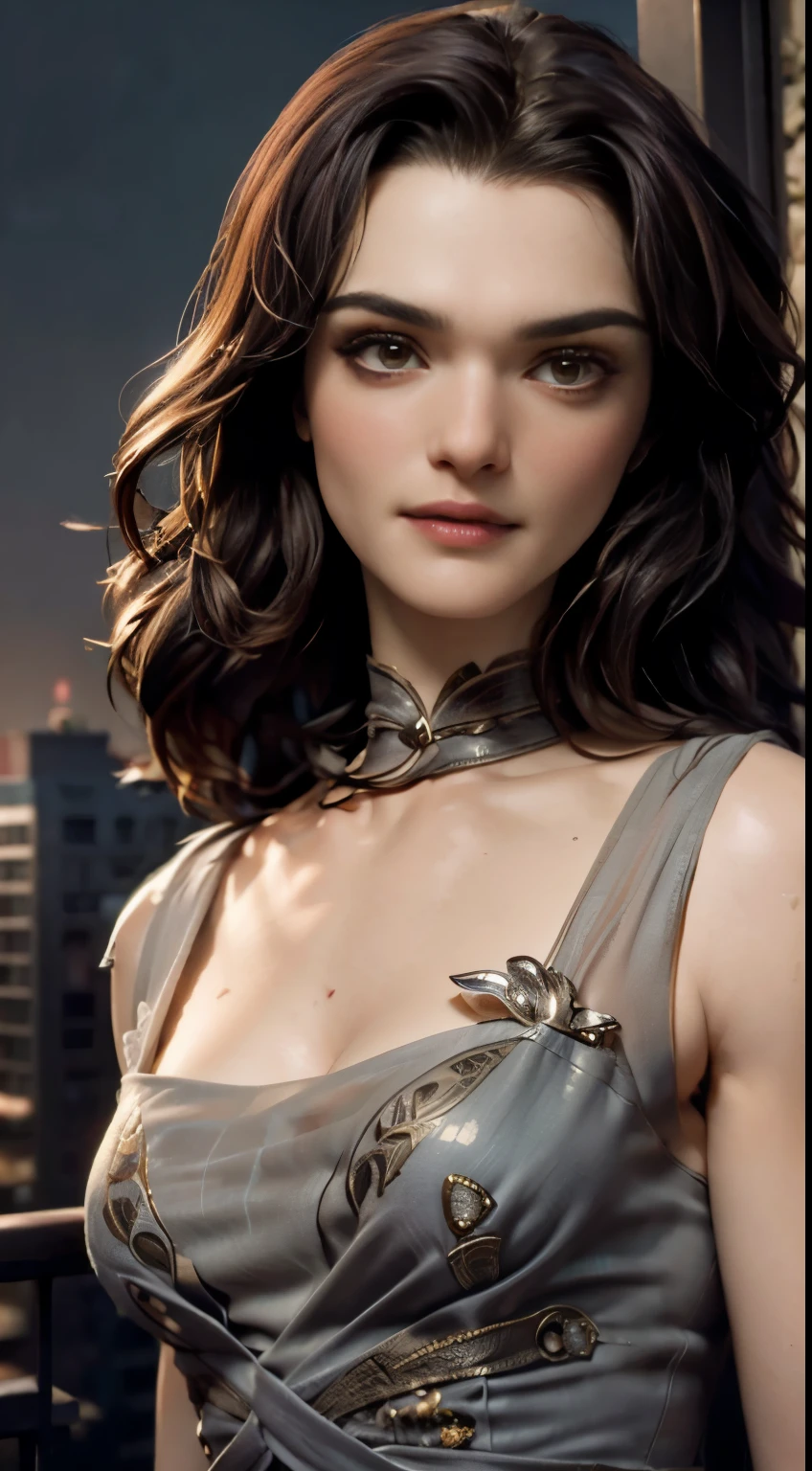 photo of Rachel Weisz, RAW, beautiful woman, ((portrait)), ((detailed face:1.2)), ((detailed facial feature, detailed skin, clear skin), (perfect proportioned body), (wearing a colorful dress) (high detailed city environment, apartment balcony), (realistic photo, best quality, detailed), (8k wallpaper), (cinematic lighting, dramatic lighting) (sharp focus, intricate)