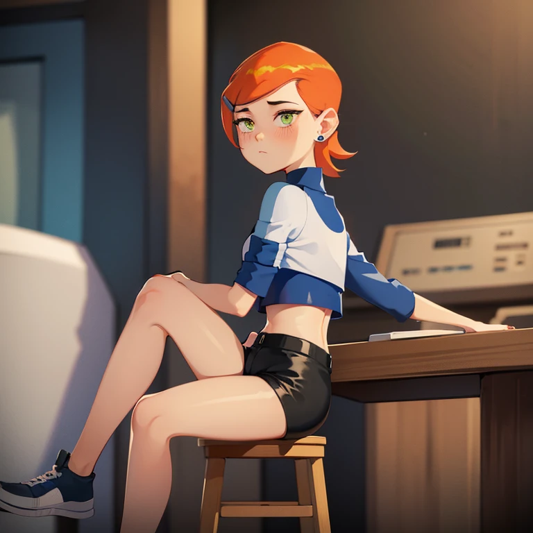 1girl, Masterpiece, midriff,croptop,high waist shorts,blush,standing,tight shorts,from_behind, sitting,stool,skin tight,
