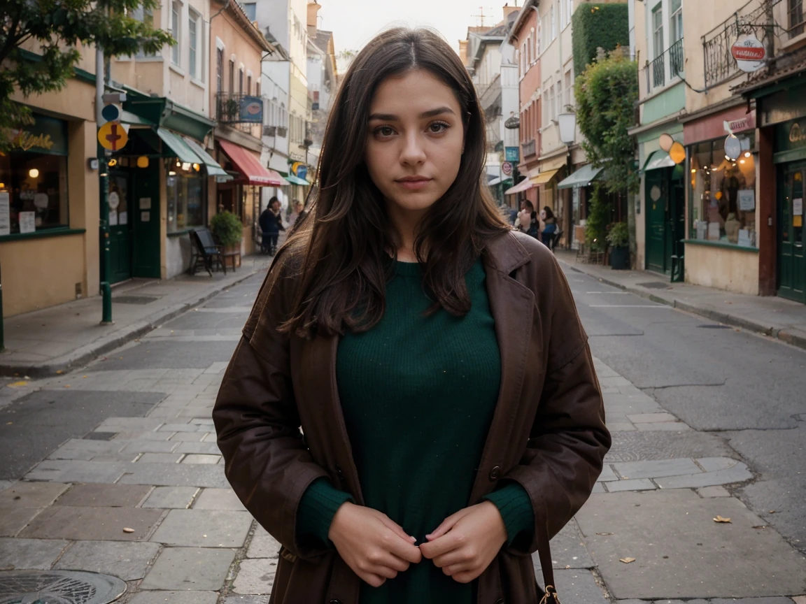 Woman dark brown hair 22 years old, c cup small waist, caderas moderaras, rasgos griegos con vestido largo verde, coat sweater, boca riendo, cara fina mirada inocente, caminando por la ciudad, full realismo, imagen detallada, mujer bella