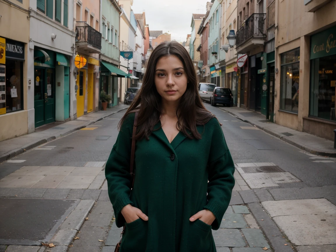 Woman dark brown hair 22 years old, c cup small waist, caderas moderaras, rasgos griegos con vestido largo verde, coat sweater, boca riendo, cara fina mirada inocente, caminando por la ciudad, full realismo, imagen detallada, mujer bella