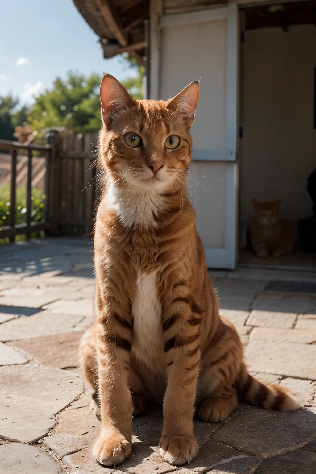 "Create a hyper-realistic image featuring an orange cat. The feline should exude lifelike details, from its fur to its vibrant eyes. The landscape can vary at your discretion, offering a backdrop that complements the cat's presence. Emphasize intricate textures and lighting, ensuring a visually striking composition that captures the cat's essence in a realistic yet captivating setting."