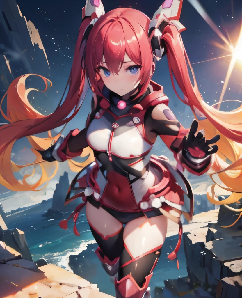 masutepiece, Best Quality,Squat ,Crab crotch,Leotard,highleg, Elegant, 1girl in, thigh high boots, well-muscled,Cute, blushed, Looking at Viewer, From above,, Mini skirt, White and black striped T-shirt, Blue eyes, Beautiful eyes, Beautiful background, light Particle, Sun rays, Dramatic Lighting, Outside, shiny, Realistic, masutepiece, Best Quality, Ultra-detailed, Detailed, Scenery, Beautiful detailed eyes, detailed hairs