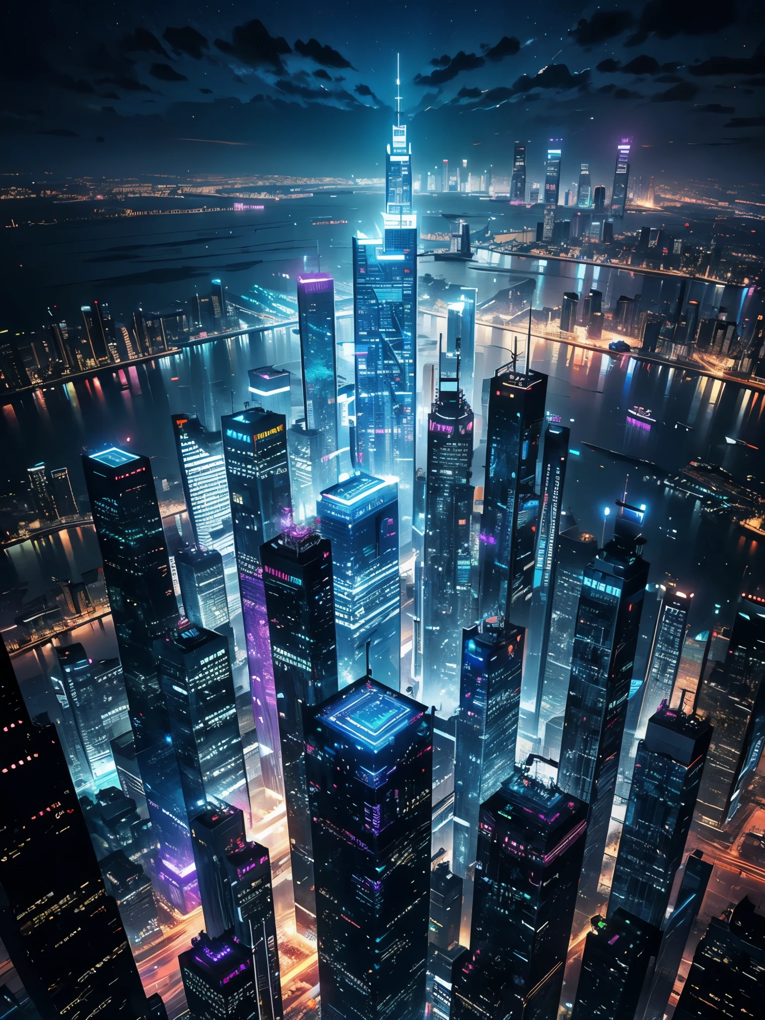skyscrapers night view neon high quality ultra high definition cyberpunk