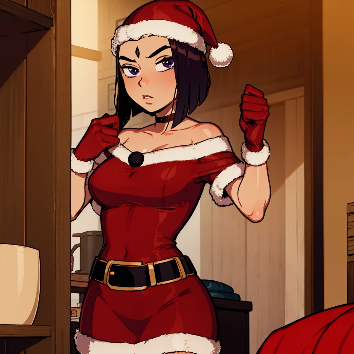 Raven, red jewel on forehead, purple eyes, cute eyes, christmas outfit, short hair, christmas, red outfit, santa outfit, santa hat