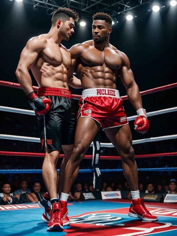 8K，(8K分辨率)，Boxing ring match scene，Two muscular black men, One person wearing red shorts、Red boxing gloves、redfootwear，The other person is wearing blue shortlue boxing glovelue shoeoth parties are fully dressed，Make a shining debut，The two of them are very domineering，cool guy，sexy for, Bright and attractive eyes，malancholic look，Dark skin, Smooth and shiny，chest muscle，chest hair body hair，Big breastarechested，茂密的chest hair body hair， White color full body photo，Large bumps visible，Good quality，profesional lighting，professional photoshooting，real photograph，realistic model，photorealistic  art