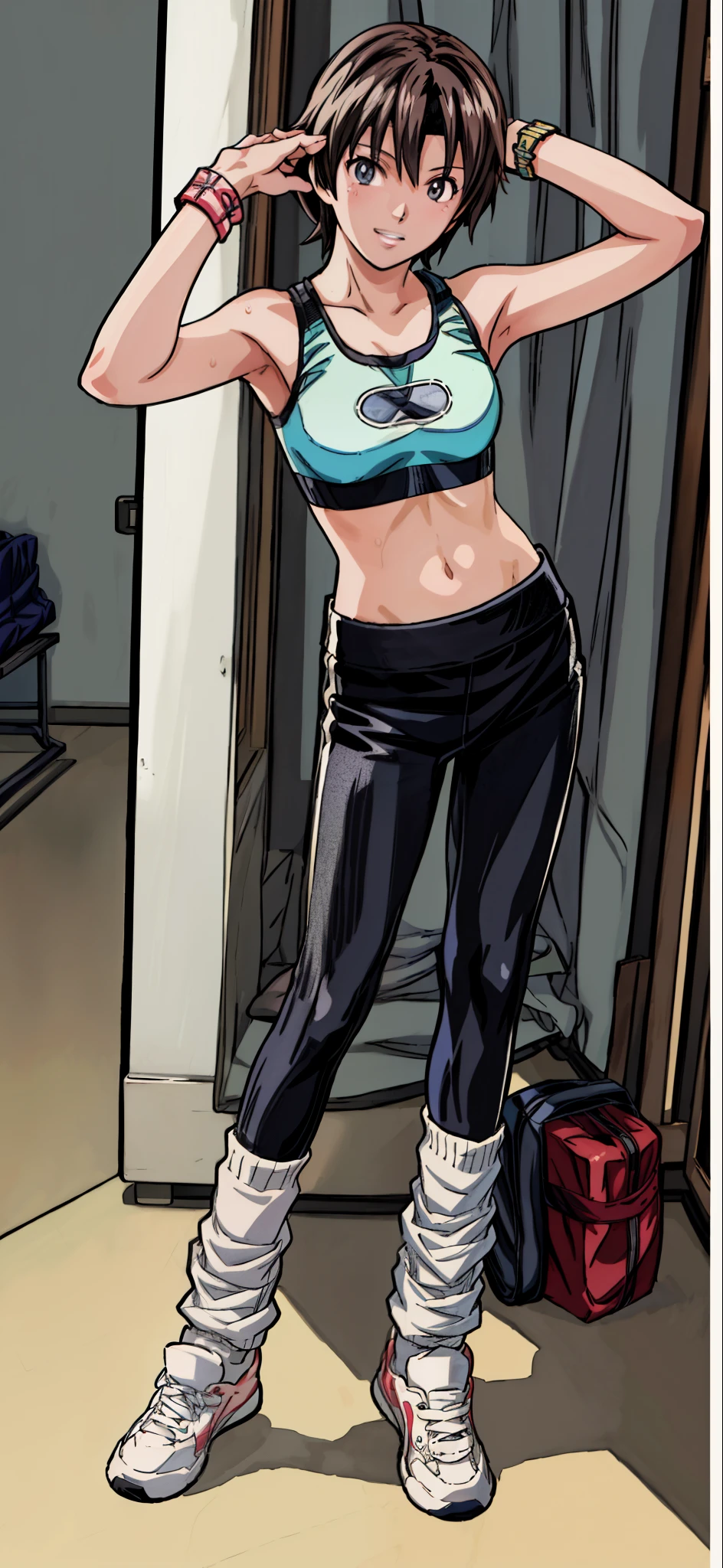 (Best Quality,4K,8K,hight resolution,masutepiece:1.2), Ultra-detailed, (Realistic,photoRealistic,photo-Realistic:1.37), meadow girl, Wearing sweat,grin,arms up,((sports bra and black leggings)), wristbands,White loose socks,Black sneakers,Beautiful detailed eyes, Beautiful detailed lips, extremely detailed eye and face, long eyelashes, Realistic anime 3D style, Smooth Anime CG Art, Digital rendering by Makoto Shinkai, Moe Anime Art Style, photoRealistic rendering of an anime girl, Shinkai Makoto style, Cute anime girl visuals, Realistic young anime girl, girl fan art, Created by Anime Artist&#39;studio of.