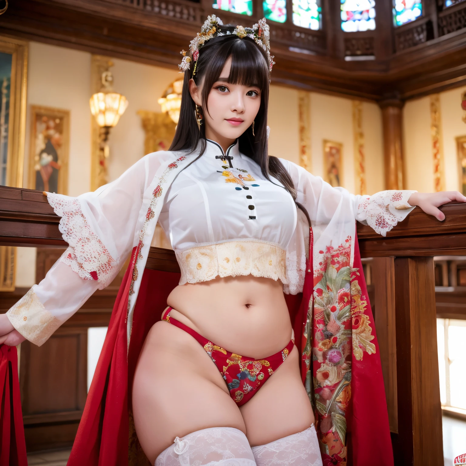 (8K, Raw photo:1.2),Detailed face and eyes,Best Quality, 超A high resolution, Highly detailed ,intricate detailes ,masutepiece ,Cute Girl , age19,Hyper-detailing,High quality,cabelos preto e longos,NSFW, Wearing china clothes,wearing white knee socks,Emphasis on the legs,city hall