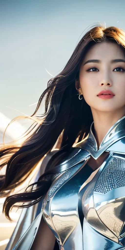 8K、Big Breasts Super Detailed、masterpiece、top-quality、(ighly detailed)、dynamic ungle、mysterious look、Wind-effect、Fantasy Background、Rim Lighting、ciinematic light、超A high resolution、8K UHD、film grainest Shadows、delicate、RAW、Particles of light、detailed skin textures、detailed armor texture、A detailed face、intricate-detail、ultra-detailliert、with light glowing、strong con、Silver armor、(Holding weapons)、Slashing、Slashing Action、large full breasts,scapular、radiant eyes、 long cloak、Fantasia、(realisticlying)、armor on the shoulders、Convoluted、Convoluted、Perfect litthing、looking at the viewers、电影灯光、flying though the air、flight、Holy Light、Brilliant、bangss、Windy、Frozen mountains々、Long white wavy hair、Rich Queen,A sexy,enticing,Short Bob, all body view