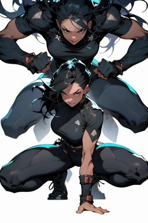 Full body image of Juri Han from Street Fighter 5, wearing her original outfit (black and purple bodysuit with spiked accents, barefoot with taped feet, and arm guards), short black hair styled in twin buns, female body, athletic and flexible body, dynamic pose, detailed pose, simple background, expressive face showing a mischievous grin, focus on face, line art, sketch