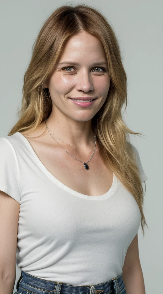smiling woman with long hair and a white shirt with a pooka shell necklace around her neck, wearing chuck taylors with ripped black jeans, this person does not exist, perfect human female specimen, sophia bush-rebecca demornay-natasha henstridge-juno temple-kristen wiig-leslie bibb-jennifer garner-jamie lynn spears-mandy moore-dianna agron-eva saint-kim dickens merged, entire body visible, full body, hyperrealistic, best quality, 8K, real human skin, masterpiece, extremely intricate, medium closeup, detailed eyes, detailed face, detailed body, exaggerated features, pronounced features
