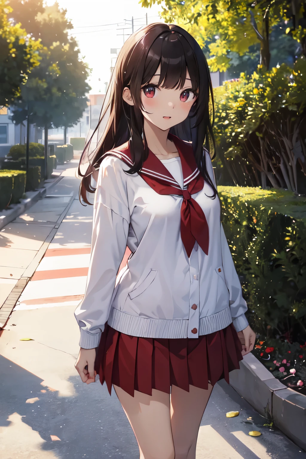 (in 8K, Best Quality, masutepiece:1.2)、超A high resolution、1 very cute and beautiful girl、ultra-detailed face,detailed eyes,Cinema Lighting、cute little、A dark-haired、long straight hair、blunt bangs,expressionless,open mouth.nose blash,sensuous smile, big breast,BREAK,wearing white serafuku, (red:1.5) , sailor suit,((The large sailor collar is long enough to reach just below the chest.))、((white sailor collar with two red stripes)), (white tie:1.5), (red tops:1.5), long sleeves, (hem out), ((red pleated skirt)), (short-skirt:1.5),BREAK,Walking through the schoolyard with a view of the school building and flower beds