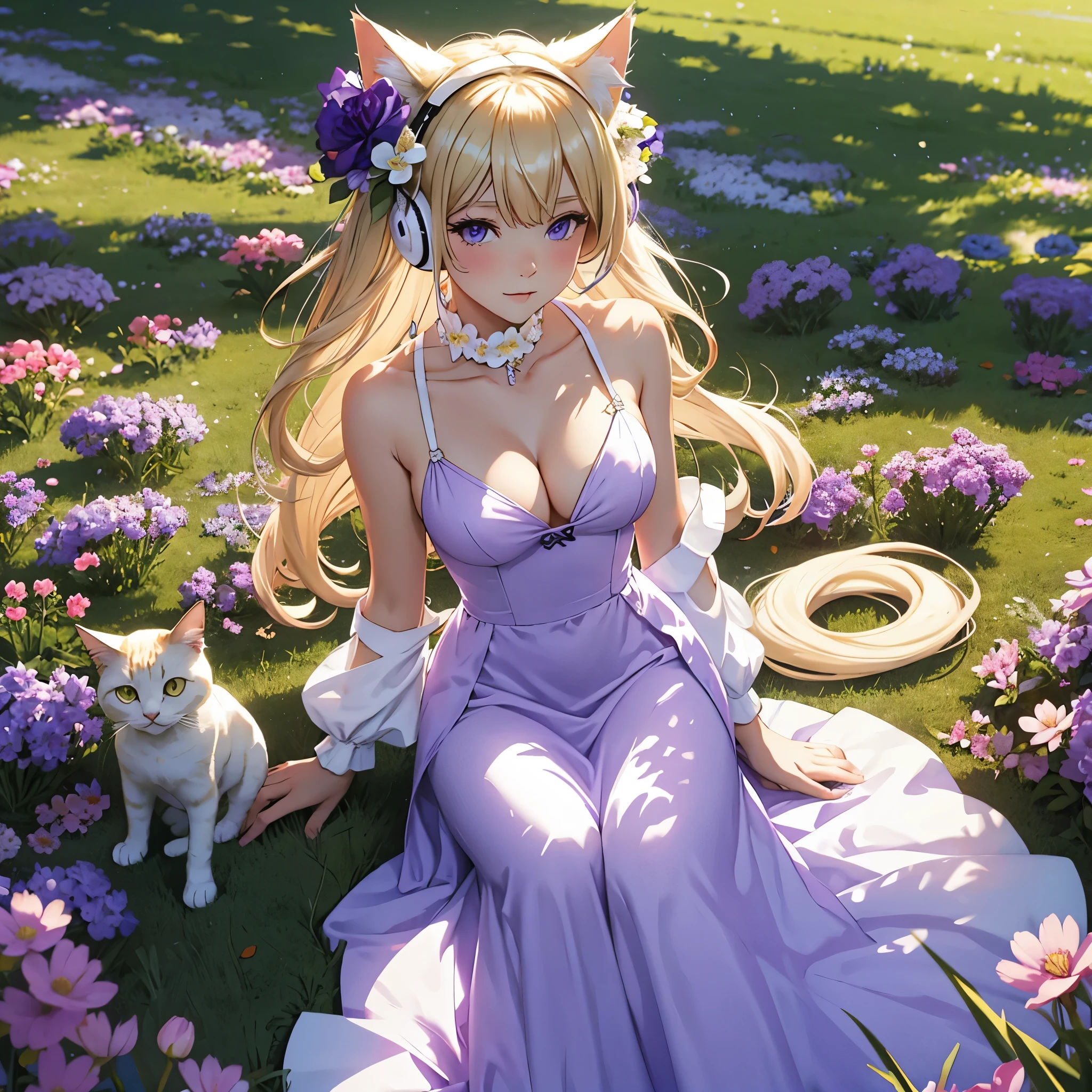 White headphone, Blonde, Cat Girl, purple dress, cleavage, flower field