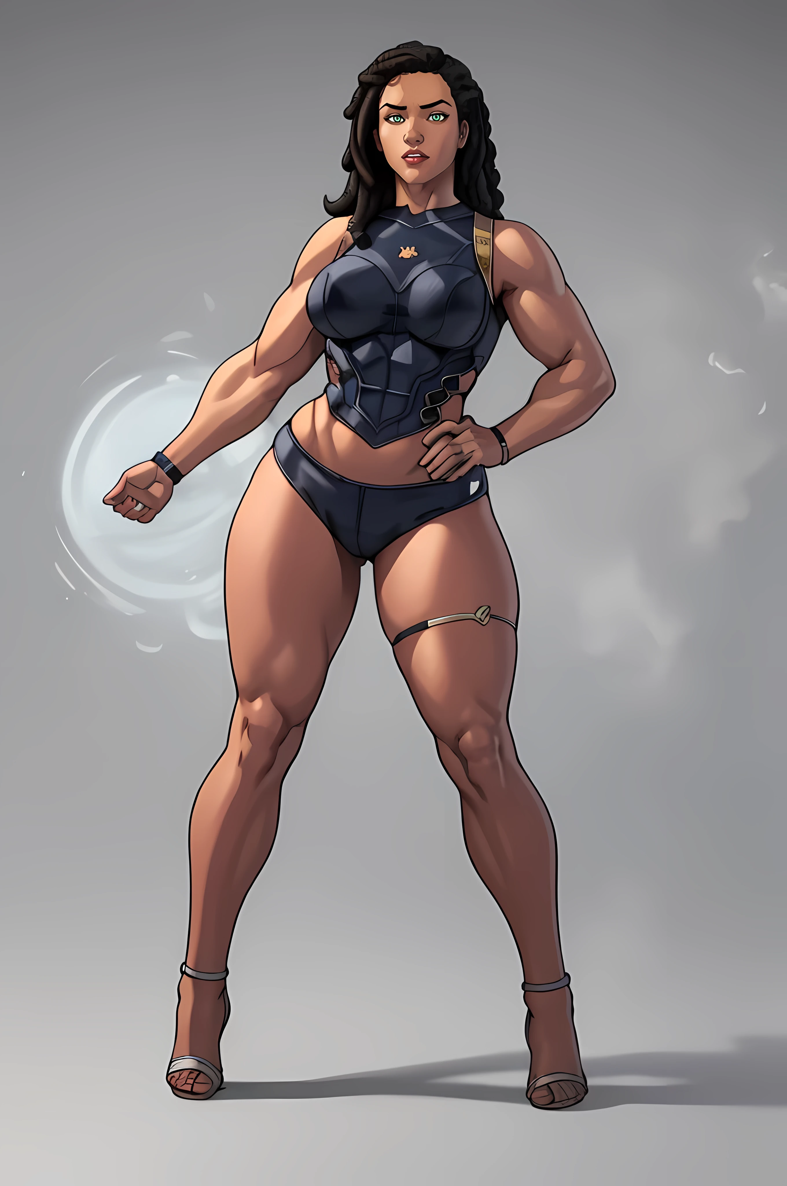 (masterpiece), (best quality), ((Katheryn Winnick)), curvy, makeup, (white skinned female), ((muscular thighs)), ((NSFW:1.2)) ((wide waist)), hair with bangull body) ((grey background)), contoured, (((Huge breasts))), ((long legs)), ((Female Bodybuilder)), ((((Muscular Legs)))), ((((Huge Muscles))))
