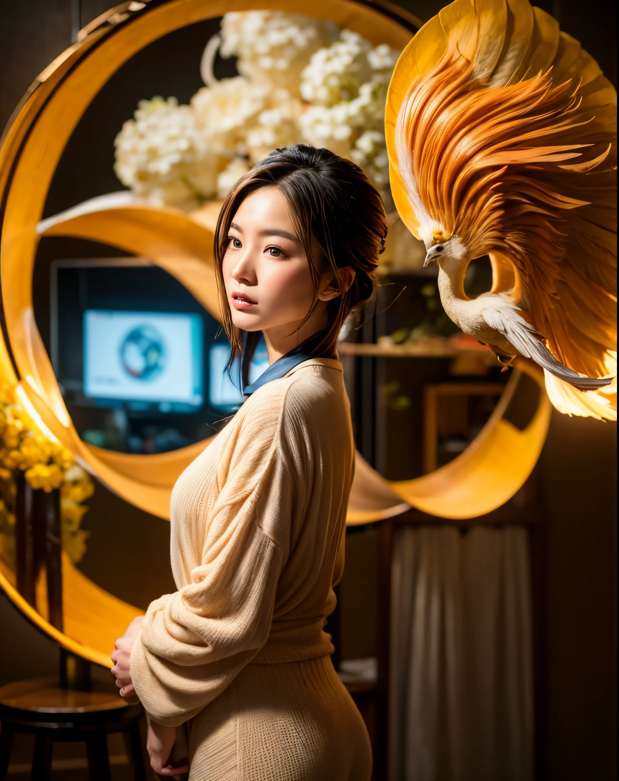 a lovely woman stands in profile, she stands in front of Yunluo (Yun Luo )"Cloud Gong", she holds a large Covered ewer ,Porcelain painted in overglaze polychrome enamels with couples, flowers and landscapes, the beautiful woman is a Phoenix-head ewer, Tang sancai ware, we appreciate her in this small studio, dark, moody, it's still and quiet