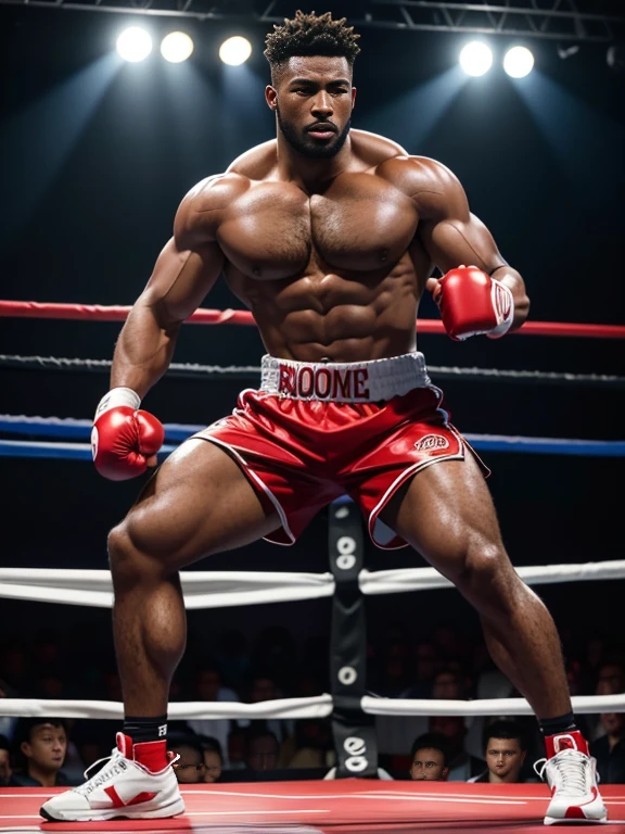 8K，(8K分辨率)，Boxing ring match scene，Two muscular black men, One person wearing red shorts、Red boxing gloves、redfootwear，One person wearing blue shortlue boxing glovelue shoeoth parties are fully dressed，Debut and start a fierce battle，The two of them are very domineering，cool guy，sexy for, Bright and attractive eyes，malancholic look，Dark skin, Smooth and shiny，chest muscle，chest hair body hair，Big breastarechested，茂密的chest hair body hair， White color full body photo，Large bumps visible，Good quality，profesional lighting，professional photoshooting，real photograph，realistic model，photorealistic  art