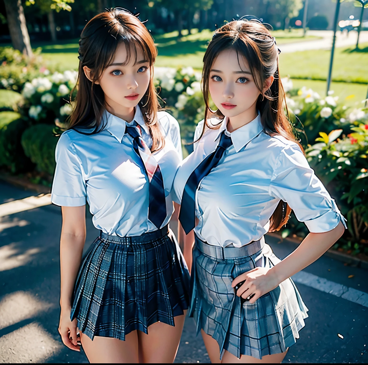top-quality, 8K picture quality, masterpiece, A hyper-realistic, (Two girls side by side:1.2), (Super big breasts with tension), Whitening Skin, Sparkling blue eyes, A tight white shirt with a crimson ribbon tie, Super mini pleated tartan check skirt, (the skirt is incredibly short:1.2), (おbuttockを突き出して美buttockを見せびらかす:1.3), (above the knee while standing), Proud of her slim waist and white panties, Skirtliftv1, buttock