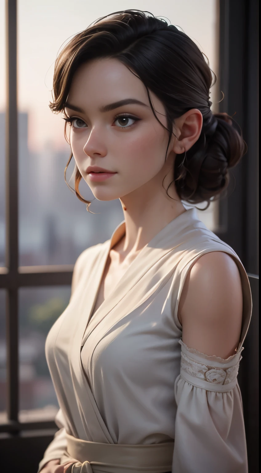 photo of Daisy Ridley, RAW, beautiful woman, ((portrait)), ((detailed face:1.2)), ((detailed facial feature, detailed skin, clear skin), (perfect proportioned body), (wearing a colorful robes) (high detailed city environment, apartment balcony), (realistic photo, best quality, detailed), (8k wallpaper), (cinematic lighting, dramatic lighting) (sharp focus, intricate)