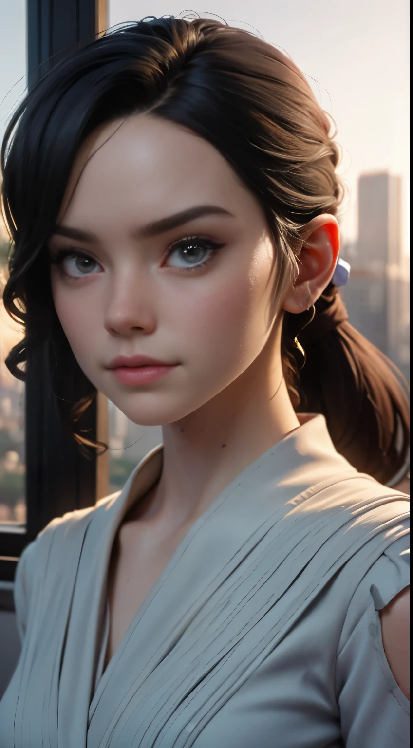 photo of Daisy Ridley, RAW, beautiful woman, ((portrait)), ((detailed face:1.2)), ((detailed facial feature, detailed skin, clear skin), (perfect proportioned body), (wearing a colorful robes) (high detailed city environment, apartment balcony), (realistic photo, best quality, detailed), (8k wallpaper), (cinematic lighting, dramatic lighting) (sharp focus, intricate)