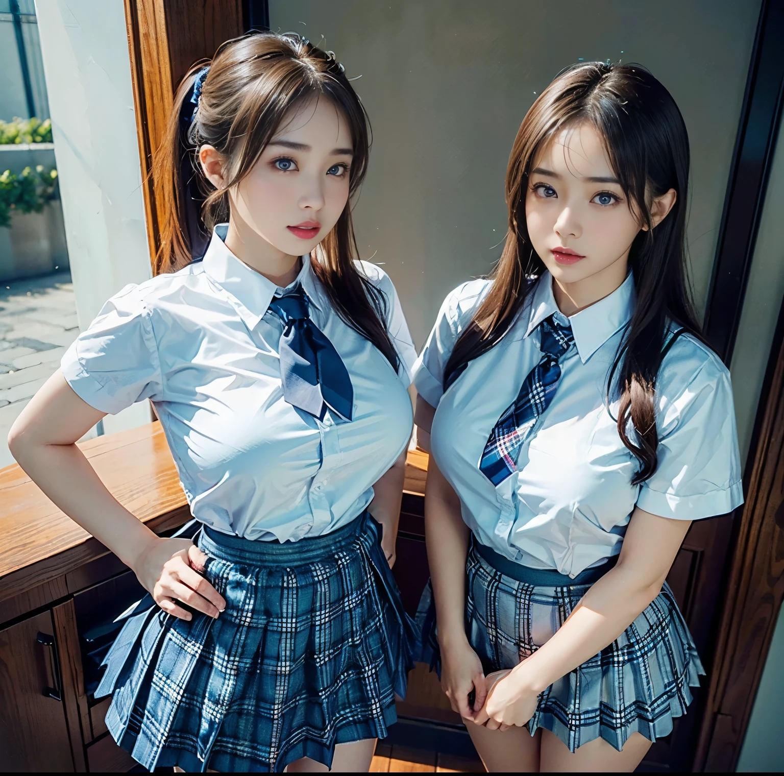 top-quality, 8K picture quality, masterpiece, A hyper-realistic, (Two girls side by side:1.2), (Super big breasts with tension), Whitening Skin, Sparkling blue eyes, A tight white shirt with a crimson ribbon tie, Super mini pleated tartan check skirt, (the skirt is incredibly short:1.2), (おbuttockを突き出して美buttockを見せびらかす:1.3), (above the knee while standing), Proud of her slim waist and white panties, Skirtliftv1, buttock