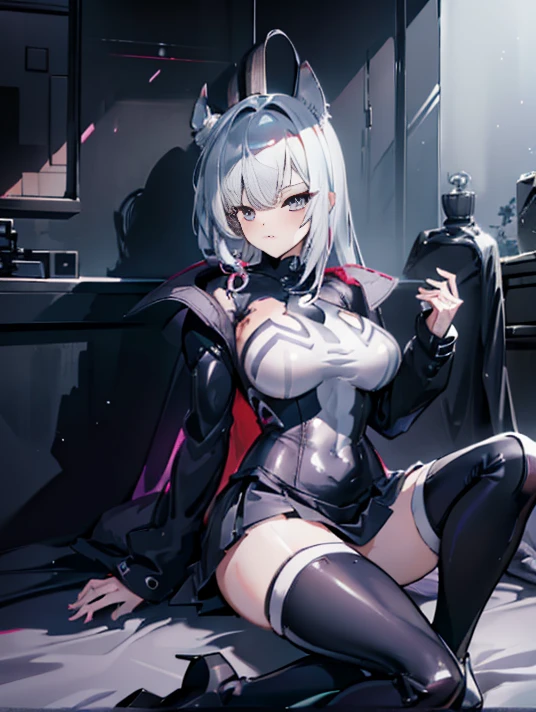 CUM ALL OVER, TIT fucking cock, pov, white hair, masterpiece, best quality, 1 girl, supine, kneeling, pale skin, messy hair, red eyes, glowing eyes, creepy, creepy smile, crazy expression, CUM on face, naked, creepy, scary, horror, light particles, night, iron bracelets with chains
