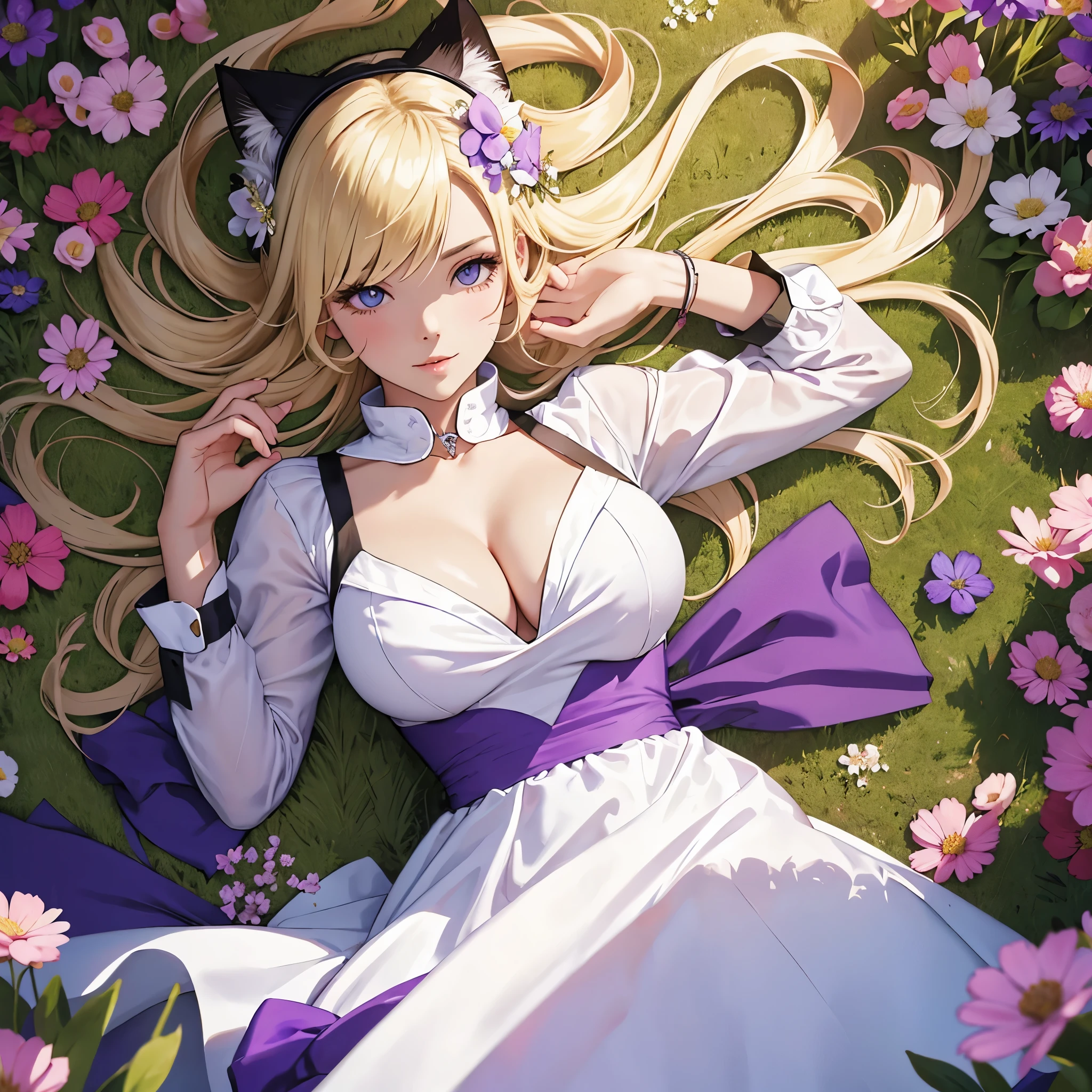 White headphone, Blonde, Cat Woman, purple dress, cleavage, flower field