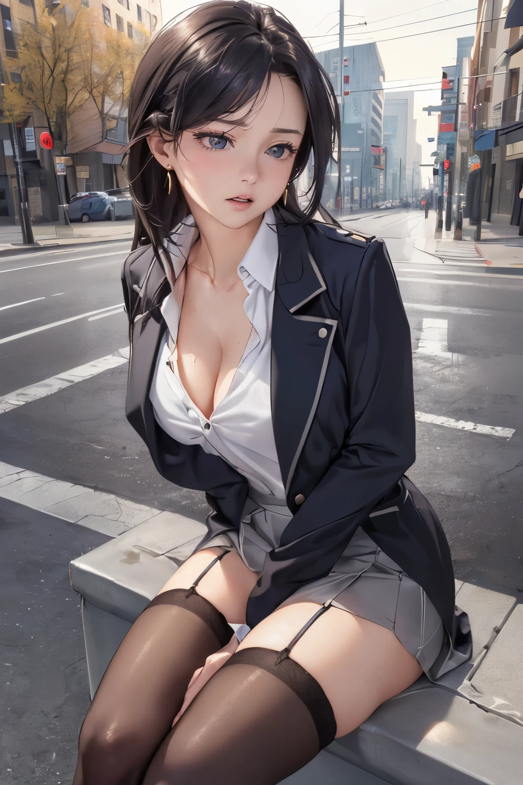 high-definition full-color images, atmospheric perspective, 8k, super detail, accurate, best quality, angle from below, a woman, ((realistic skin)), drooping eyes, ecstasy, sleepy, slender face, small eyes, (((straddle to hit her panties for masturbation against an aluminum bollard that was installed on the sidewalk))), (outside of downtown area), tiny earrings, (work clothes, unbuttoned suit jacket, thin blouse, skirt, thigh-high stocking, id card), (open legs), (((swollen areolas are visible through the blouse))),