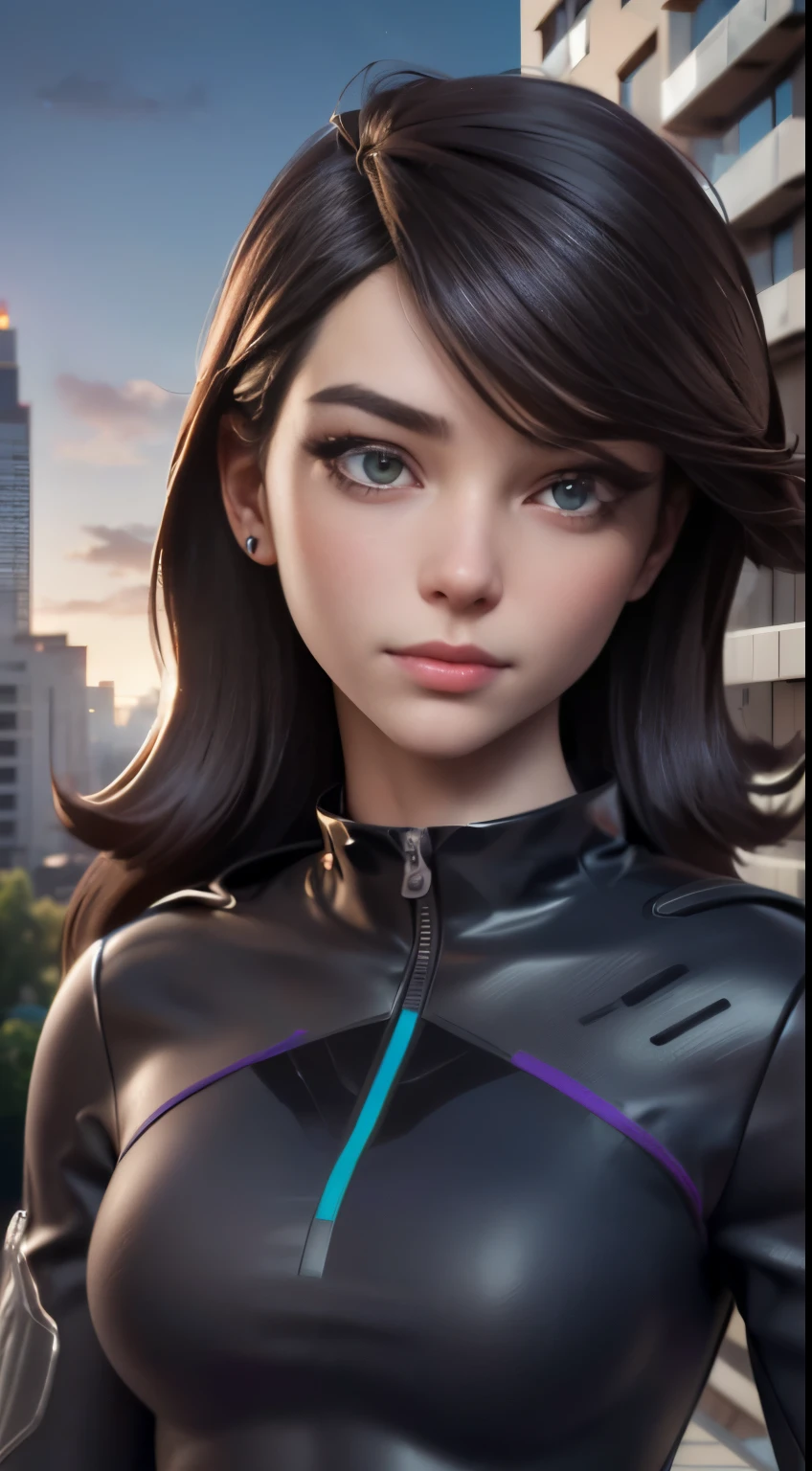 photo of JaidenAnimations, RAW, beautiful woman, ((portrait)), ((detailed face:1.2)), ((detailed facial feature, detailed skin, clear skin), (perfect proportioned body), wearing a colorful plug suit, (high detailed city environment, apartment balcony), (realistic photo, best quality, detailed), (8k wallpaper), (cinematic lighting, dramatic lighting) (sharp focus, intricate)