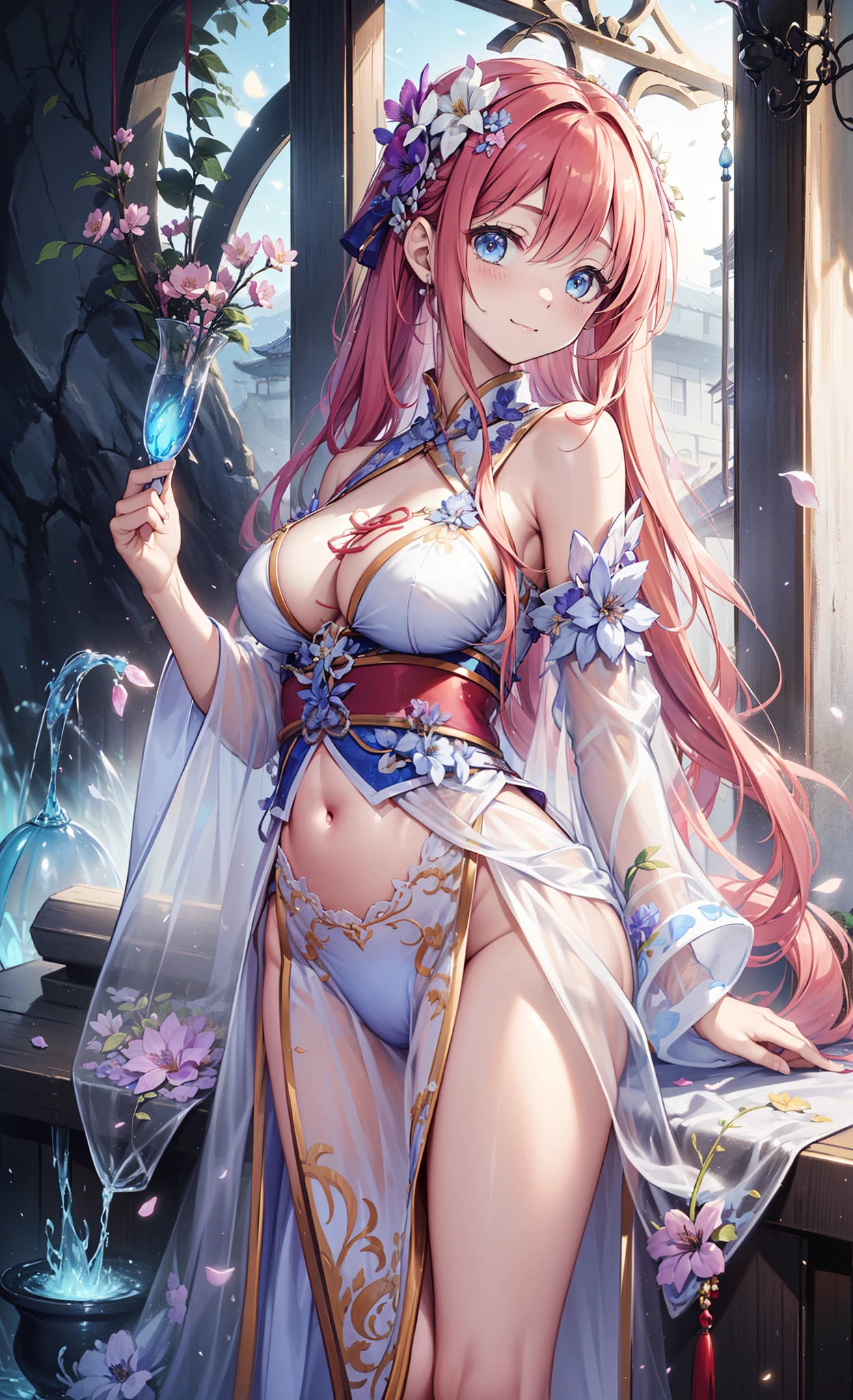 quality、image quality、tmasterpiece、girl vs..((、plum、、having fun、lacivious pose、charming body、Grand canyon、Chinese clothes, black hair color hair, hairflower, Brown hair, bshoulders, Very long hair, Wide sleeves, longer sleeves)),高quality、beautiful art、Background with(Ancient Chinese courtyard,a plant,flowers blooming))、visual art、depth of fields、Diamond embellished lesbian bustier、强调臀部lacivious pose、Lace、sheer transparent clothes、hide beautiful face,Blue delicate eyes