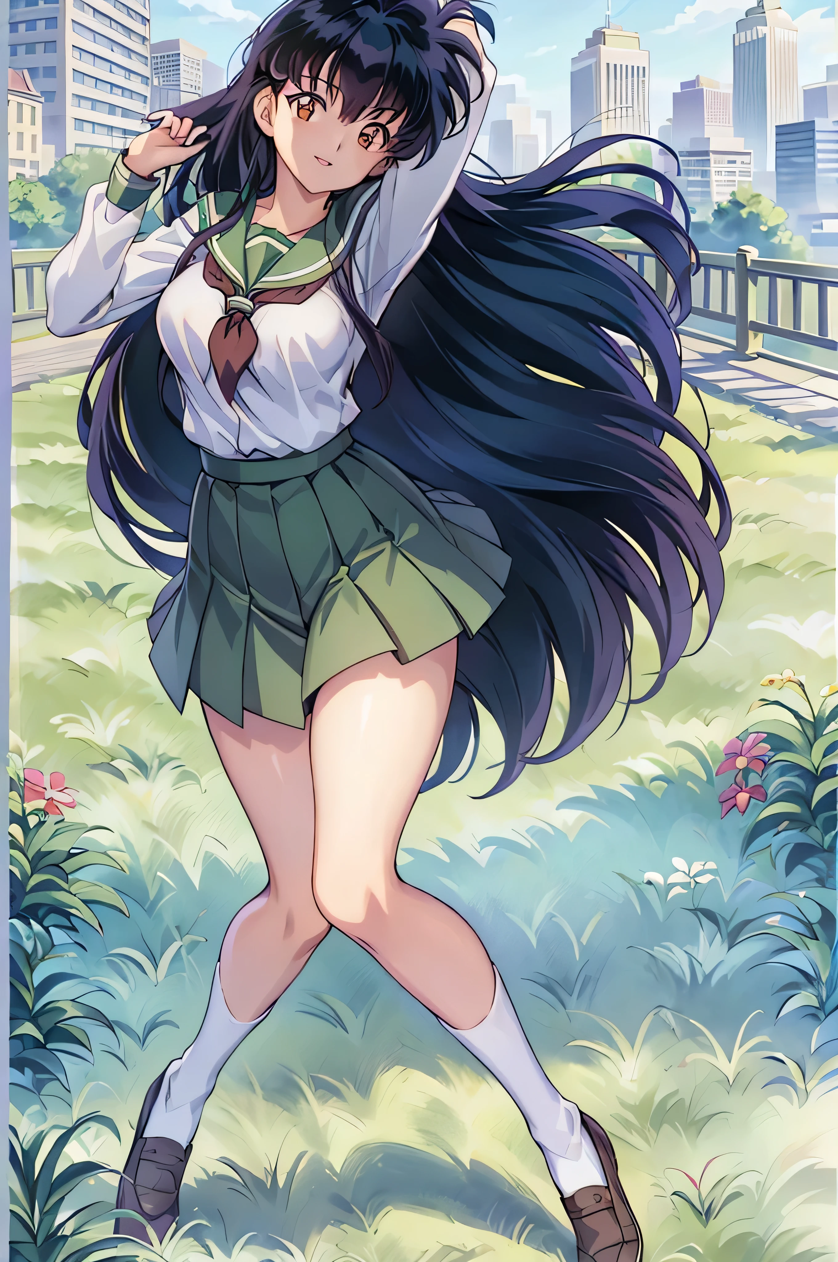 (Best Quality), 1Woman,1girl Kagome Higurashi, brown eyes, full body, photorealistic, (hyperrealistic:1.2), perfect eyes, perfect face, perfect lighting, outdoors, green colors, city, school uniform, happy, , walking,, smile, pantyhose green